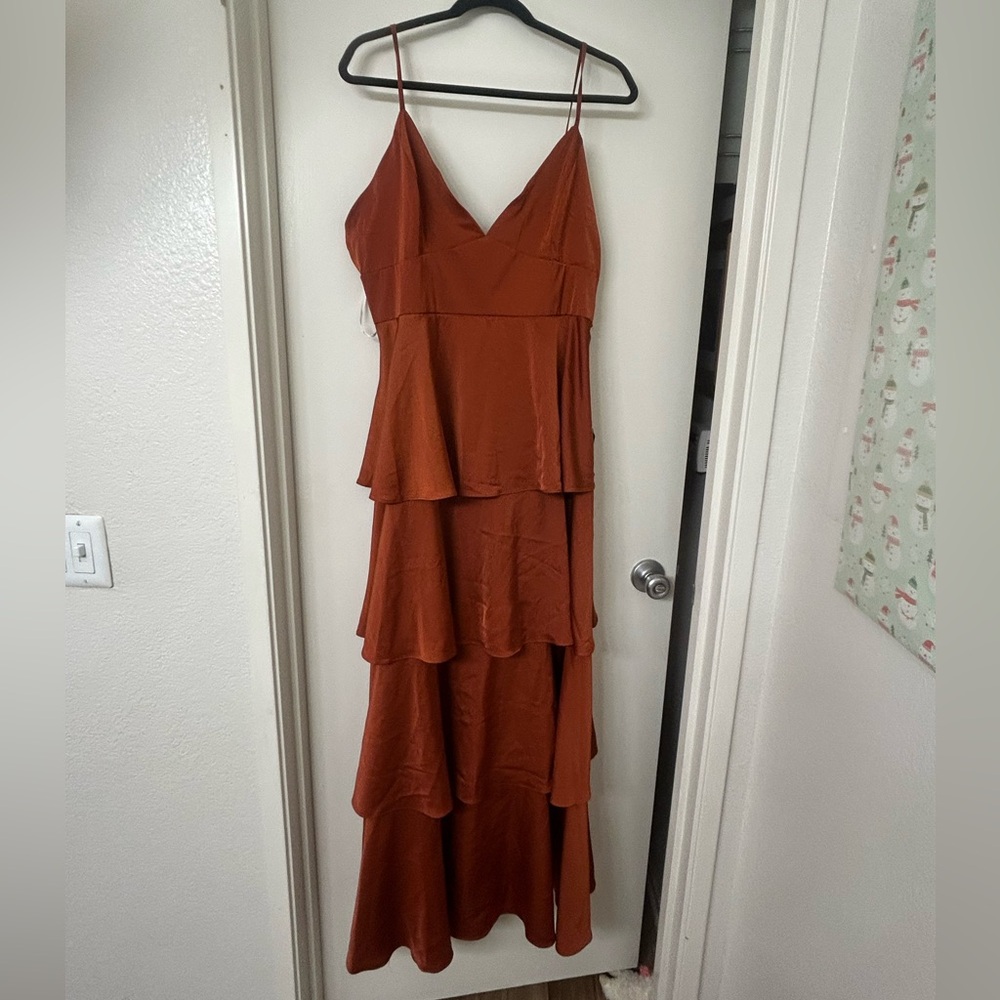 Lulu's Going With Elegance Rust Brown Tiered Satin Maxi Dress